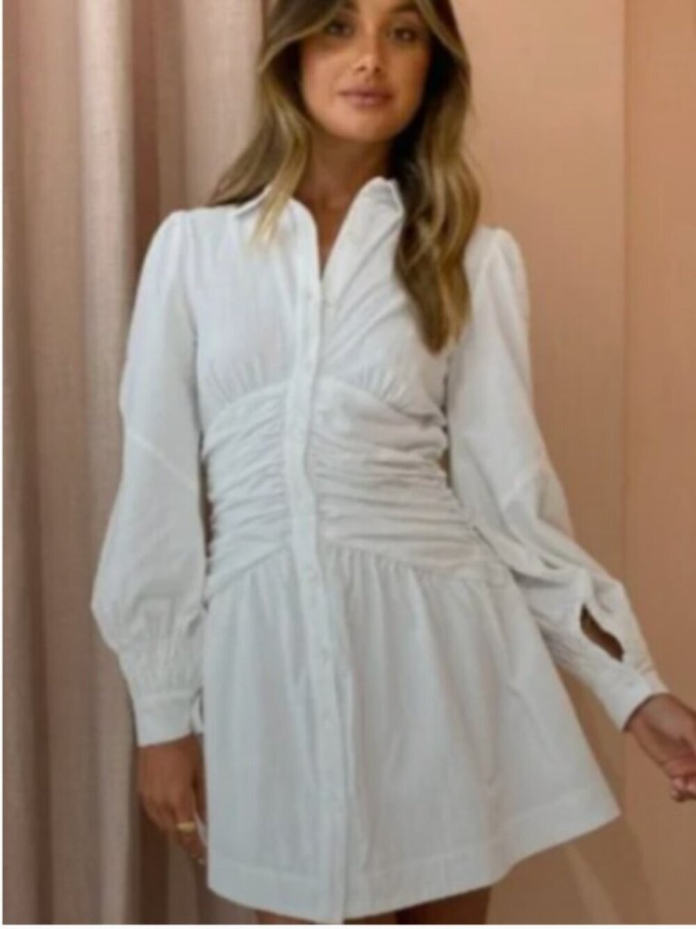 Sovere Studio Momento Button Down Cinched Long Sleeve Mini Shirt Dress White M